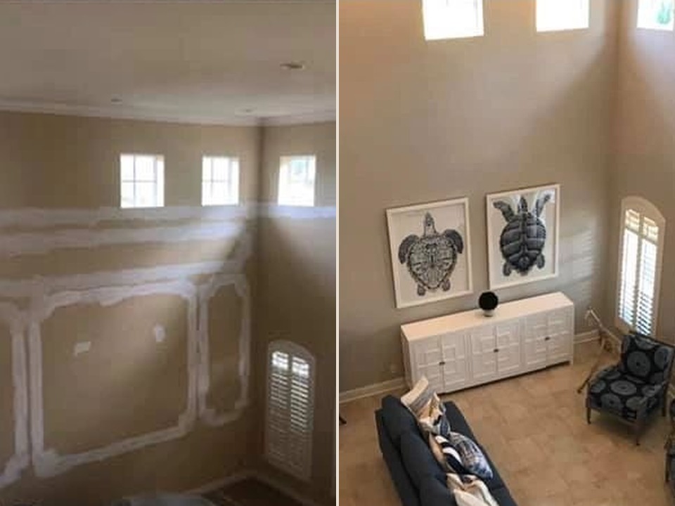 Living room drywall repair and interior painting before and after