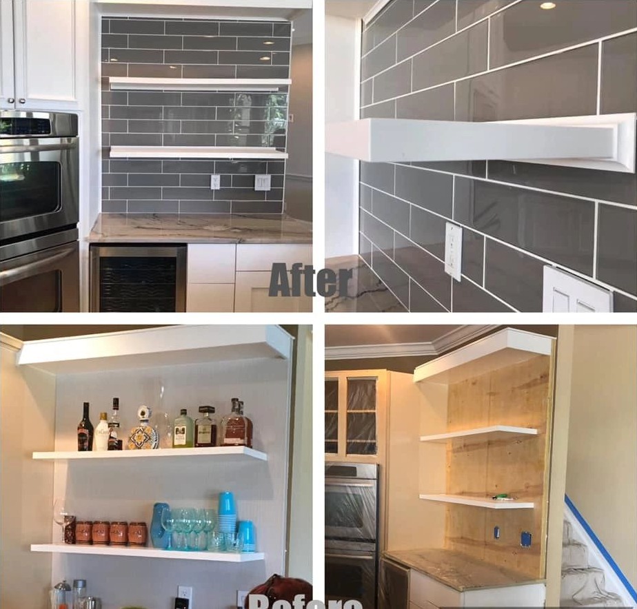 Kitchen bar subway tile backsplash and floating shelves before and after